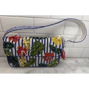 Handcrafted In India Beaded Hibiscus Beaded Bag With Hibiscus Charm NWT